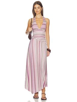 Sovere - Sarina Women's Halter Neck Striped Asymmetric Hem Maxi Dress Purple