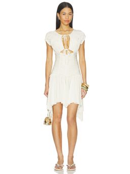 SIEDRES - Penelope Women's Ruched Cut-Out Asymmetric Hem Midi Dress Ecru