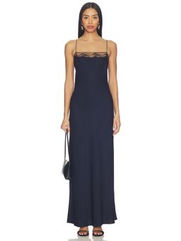 Rue Sophie - Dree Women's Lace Trim Satin Slip Maxi Dress Navy Blue