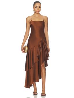 Susana Monaco - Double Ruffle Women's Satin High-Low Maxi Dress Brown