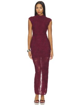 ROTATE - Flower Mesh Women's Embroidered High Neck Maxi Dress Brown
