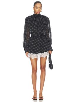 ROTATE - Longsleeve Lace Detail Women's Polka Dot Mini Dress Black