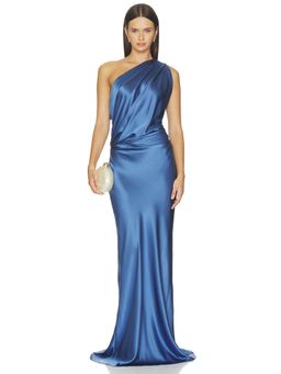 The Sei - Draped One Shoulder Women's Satin Silk Maxi Gown Steel Blue