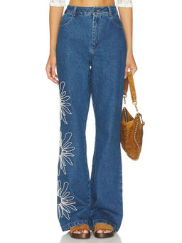 The Wolf Gang - Amana Women's High-Waist Floral Embroidered Flared Jeans Blue