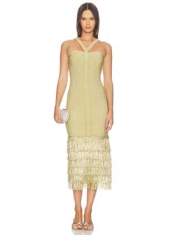 AMUR - Rosalina Women's Metallic Fringe Hem Knit Midi Dress Gold