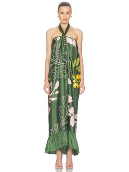 Verandah - Halter Women's Floral Print Satin Maxi Dress Emerald