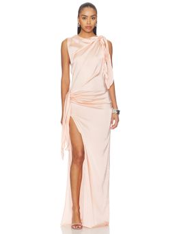 Vaillant - Opera Women's Satin Ruched Side-Slit Maxi Dress Peach