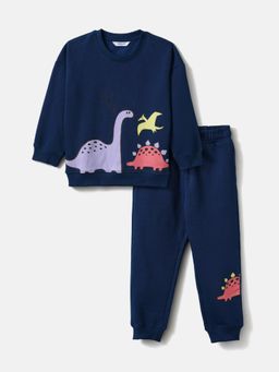 Nautinati - Boy's Navy Blue Fleece Dino Print Sweatshirt and Joggers (Set of 2)