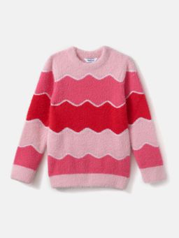 Nautinati - Girl's Red & Pink Wavy Jacquard Design Warm Sweater