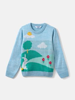 Nautinati - Girl's Blue Scenery Print Jacquard Design Warm Sweater