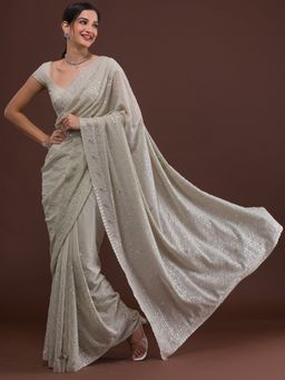 Koskii - Pista Green Threadwork Georgette Designer Saree with Unstitched Blouse