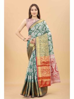 Silk Land - Zari Tissue Silk Saree with Unstiched Blouse Piece Teal with Unstitched