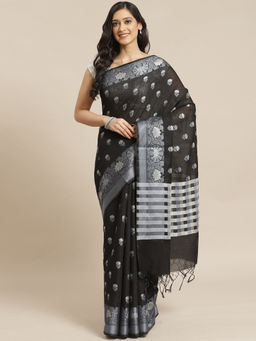 Indethnic - Banarasi Black Checked Work Wear Saree With Unstitched Blouse