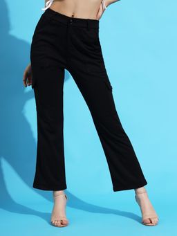 FITHUB - Women Black Relaxed Straight Fit High-Rise Cargo Style Trouser
