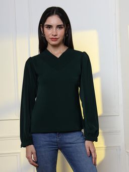 FITHUB - Women Green Solid V-Neck Full Sleeve Casual Wear Trendy Design Top