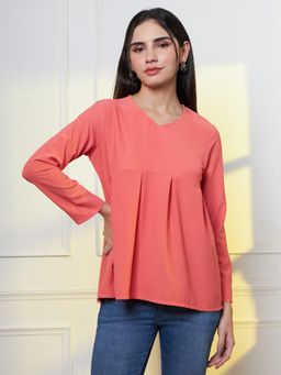 FITHUB - Women Orange V-Neck Long Sleeves A-Line Casual Wear Top