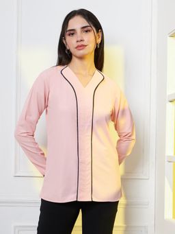 FITHUB - Women Peach Solid V-Neck Regular Top