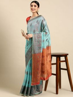 VAIRAGEE - Turquoise Blue and Rust Ethnic Motifs Zari Organza Saree with Unstitched Blouse