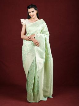 EXCLUSIVA - Sea Green Linen Saree Zari Woven Work with Unstitched Blouse