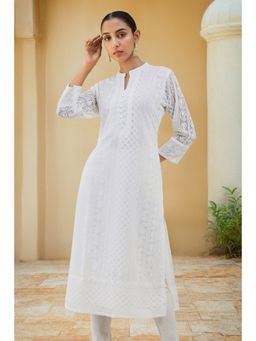 Soch - White Georgette Straight Kurta With Self Embroidered Designs
