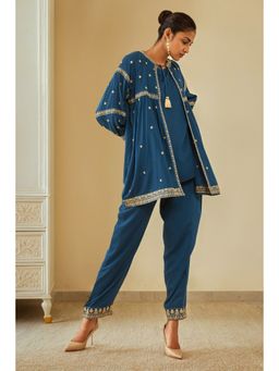 Soch - Blue Rayon Slub Embroidered Co-ord (Set of 3)