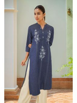 Soch - Women Navy Blue Cotton Embroidered Kurta