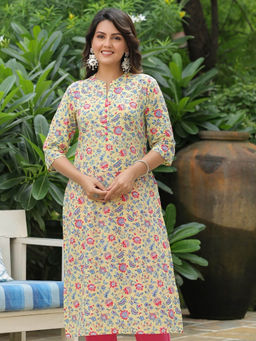 ARAMYA - Yellow Soft Cotton Floral Straight Kurta for Women