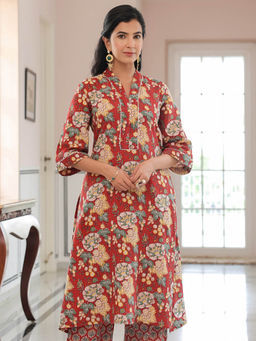 ARAMYA - Maroon Kantha Cotton Floral Straight Kurta for Women