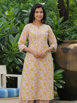 ARAMYA - Cream Soft Cotton Floral Straight Kurta for Women