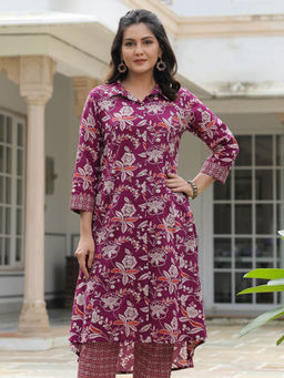 ARAMYA - Wine Soft Cotton Floral High Low Kurta for Women