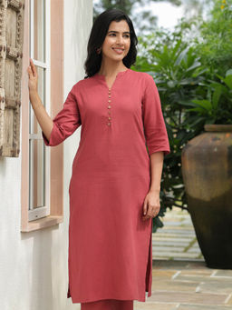 ARAMYA - Maroon Linen Cotton Solid Straight Kurta for Women