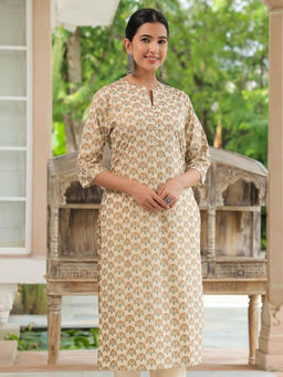 ARAMYA - Beige Soft Cotton Floral Straight Kurta for Women