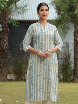 ARAMYA - Blue Linen Cotton Striped Straight Kurta for Women