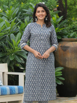ARAMYA - Blue Soft Cotton Block Straight Kurta for Women