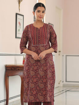 ARAMYA - Maroon Soft Cotton Paisley Straight Kurta for Women