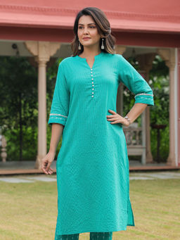 ARAMYA - Turquoise Kantha Cotton Woven Design Straight Kurta for Women