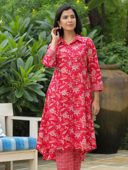 ARAMYA - Red Soft Cotton Floral High Low Kurta for Women