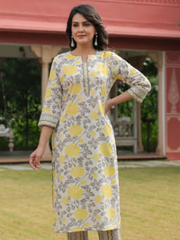 ARAMYA - White Soft Cotton Floral Straight Kurta for Women