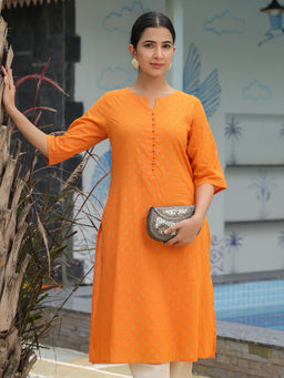 ARAMYA - Orange Soft Cotton Floral A-Line Kurta for Women