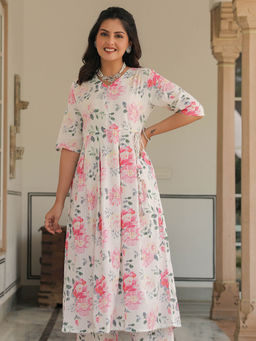 ARAMYA - White Lurex Cotton Floral A-Line Kurta for Women