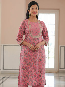 ARAMYA - Pink Soft Cotton Floral Straight Kurta for Women