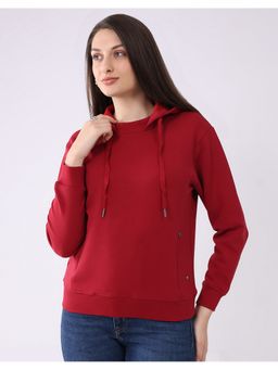 Monte Carlo - Women Red Regular Fit Hooded Neck Full Sleeve Solid Hoodie