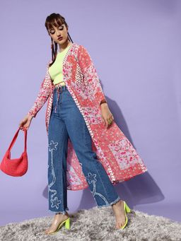 StyleStone - Women's Red Floral Polyester Long Shrug