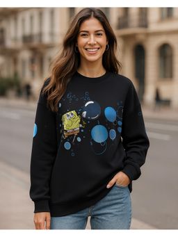 Bewakoof - Official SpongeBob Women's Black Graphic Printed Oversized Sweatshirt