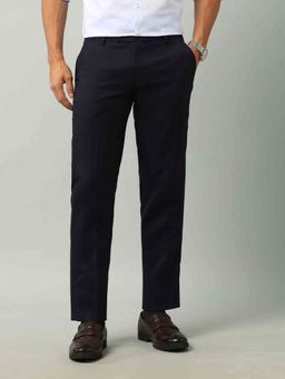 Arrow - Mens Navy Blue Mid Waist Self Design Formal Trouser