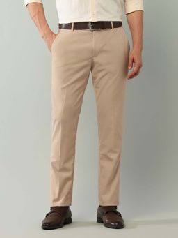 Arrow - Mens Beige Mid Waist Textured Formal Trouser