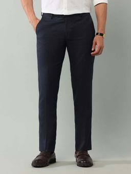 Arrow - Mens Navy Blue Mid Waist Textured Formal Trouser