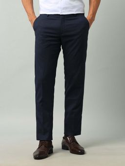 Arrow - Mens Navy Blue Mid Waist Self Design Formal Trouser