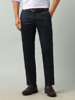 Arrow - Mens Navy Blue Mid Waist Solid Formal Trouser