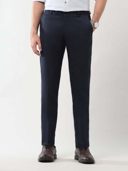 Arrow - Mens Navy Blue Mid Waist Checks Formal Trouser